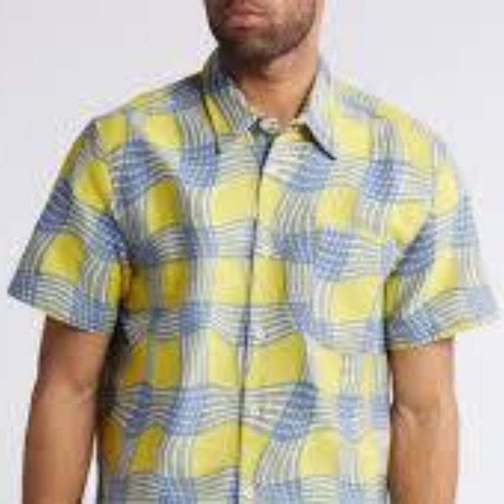 Percival Clerk Cuban Button Up Warped Check Shirt Sunshine Twister SZ XL NWOT